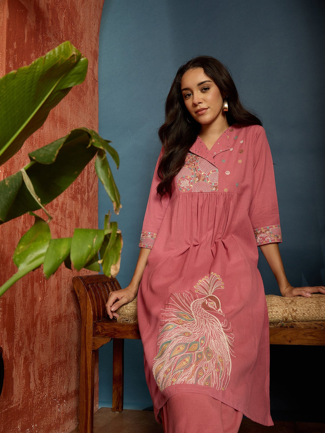 Pink Solid & Embroidered Cotton Flex A-Line Kurta Pant Set