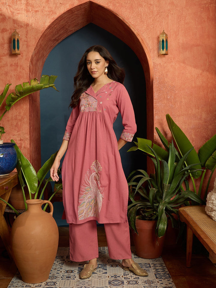 Pink Solid & Embroidered Cotton Flex A-Line Kurta Pant Set