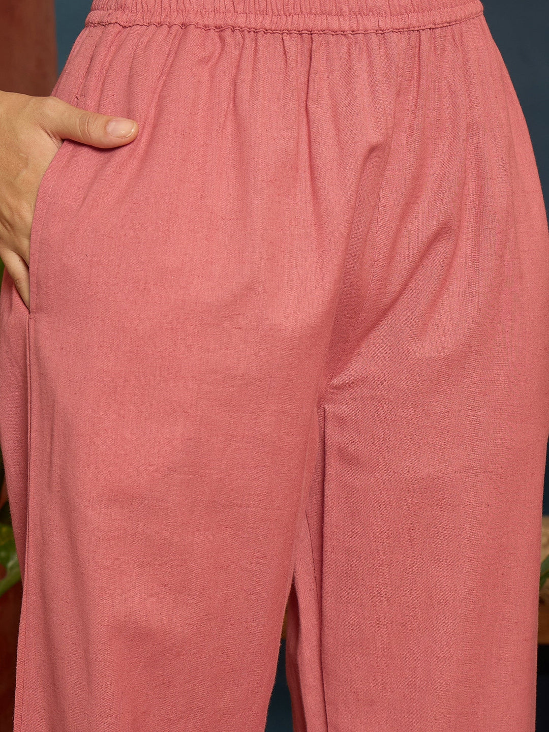 Pink Solid & Embroidered Cotton Flex A-Line Kurta Pant Set