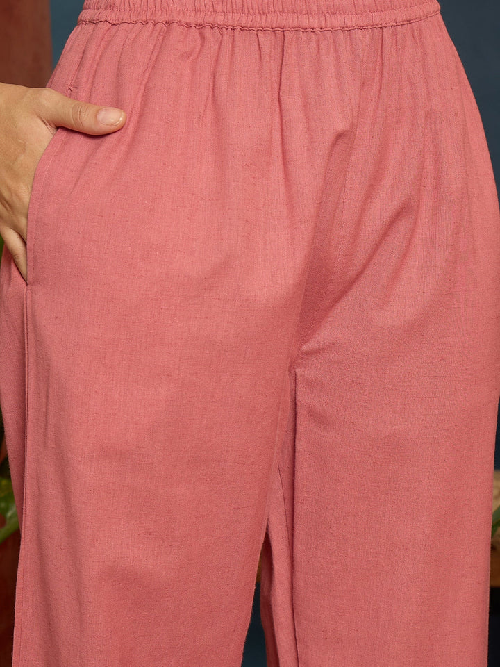 Pink Solid & Embroidered Cotton Flex A-Line Kurta Pant Set