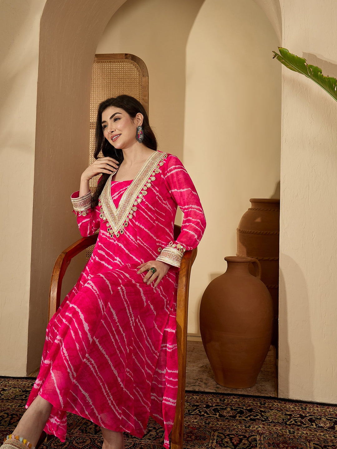 Pink Leheriya Printed & Embroidered Georgette A-Line Kurta Pant Set