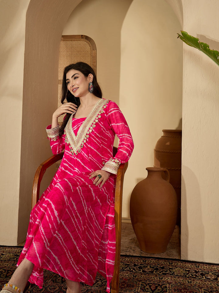Pink Leheriya Printed & Embroidered Georgette A-Line Kurta Pant Set