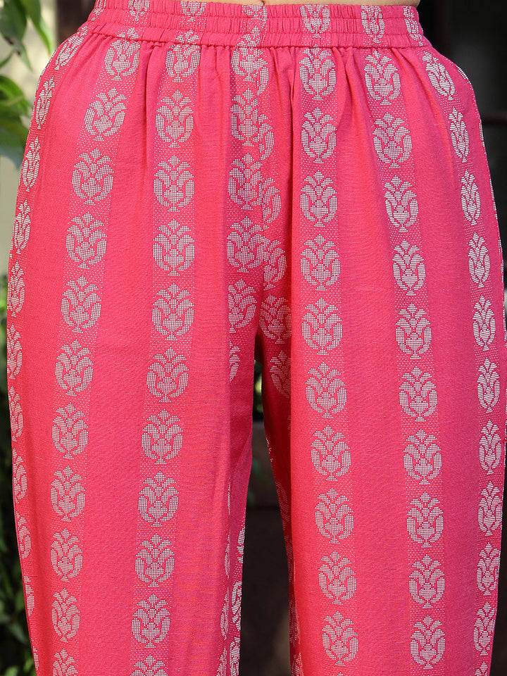 Pink Woven Design Cotton Blend Straight Kurta Pant Set