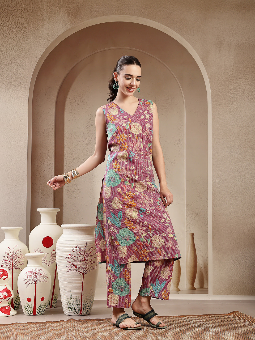 Purple Floral & Woven Design Cotton Straight Kurta Pant Set