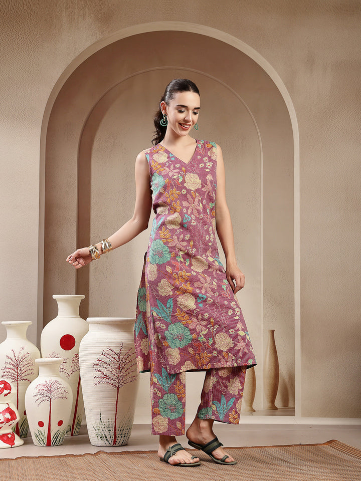 Purple Floral & Woven Design Cotton Straight Kurta Pant Set
