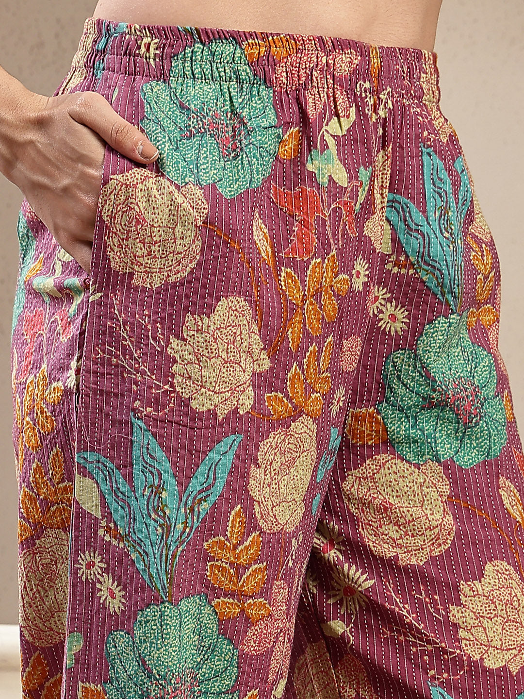 Purple Floral & Woven Design Cotton Straight Kurta Pant Set
