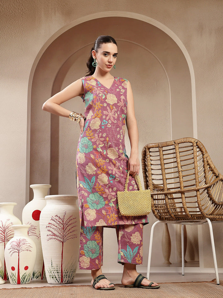 Purple Floral & Woven Design Cotton Straight Kurta Pant Set