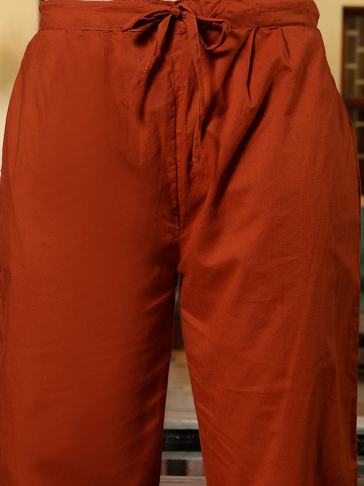 Rust Solid & Embroidered Cotton A-Line Kurta Pant Set