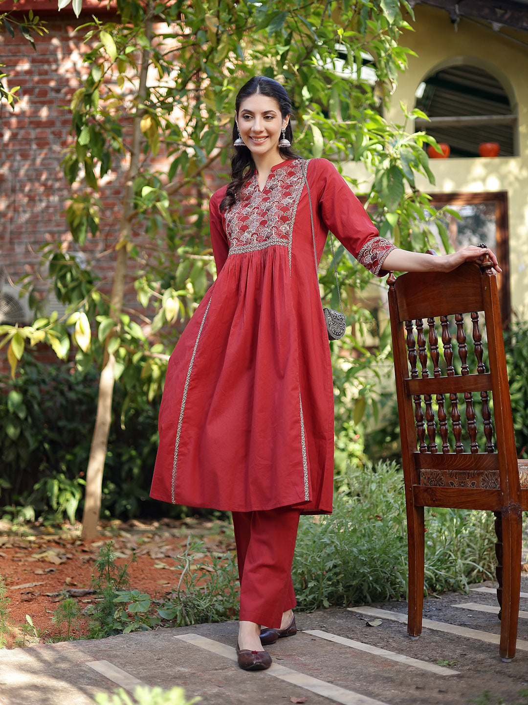 Rust Printed Cotton A-Line Kurta Pant Set (KPRUSTMURANO)