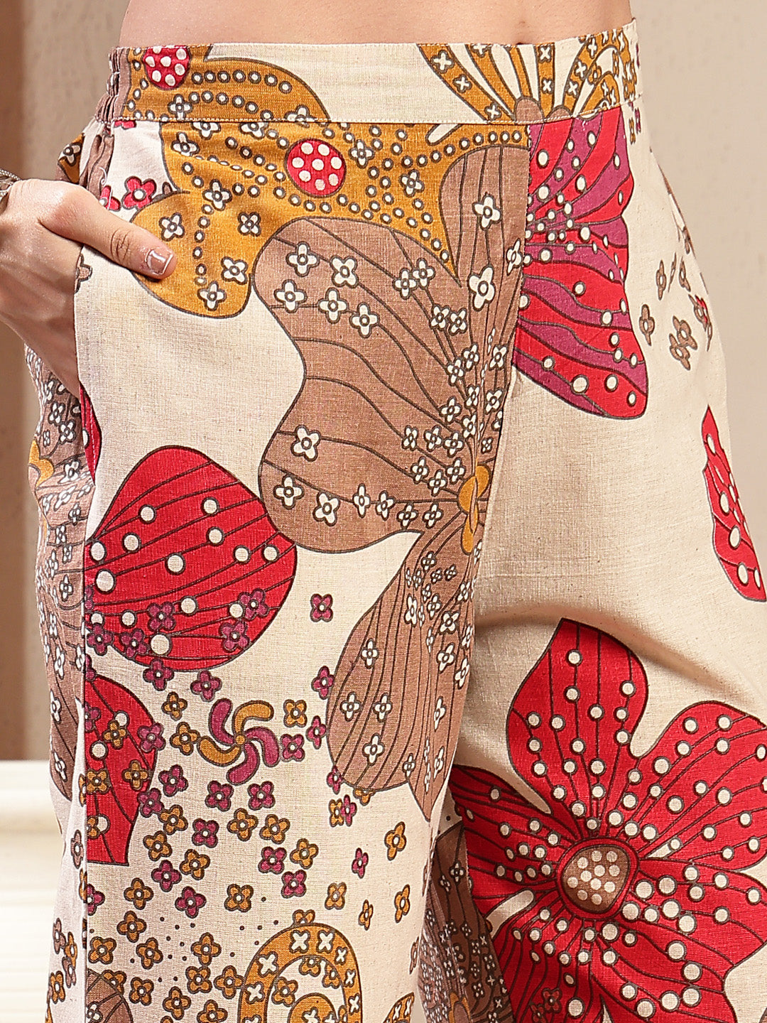 White Floral Printed Cotton Flax Straight Kurta Palazzo Set