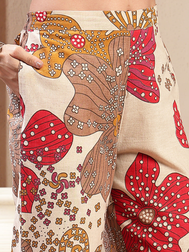 White Floral Printed Cotton Flax Straight Kurta Palazzo Set