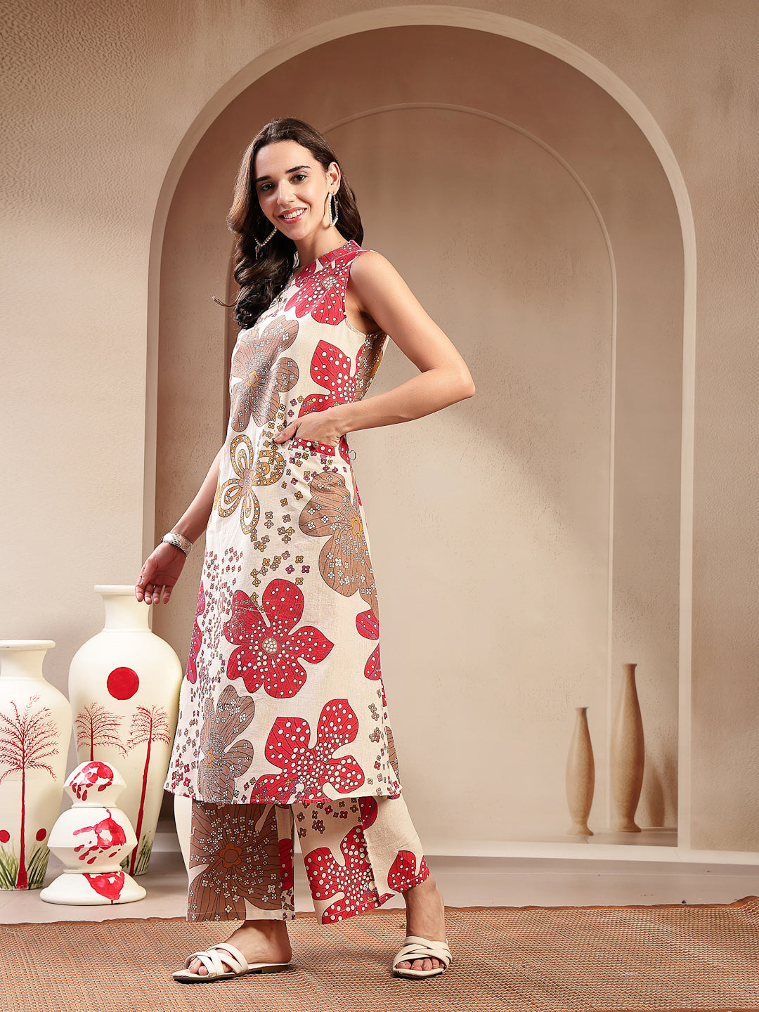 White Floral Printed Cotton Flax Straight Kurta Palazzo Set