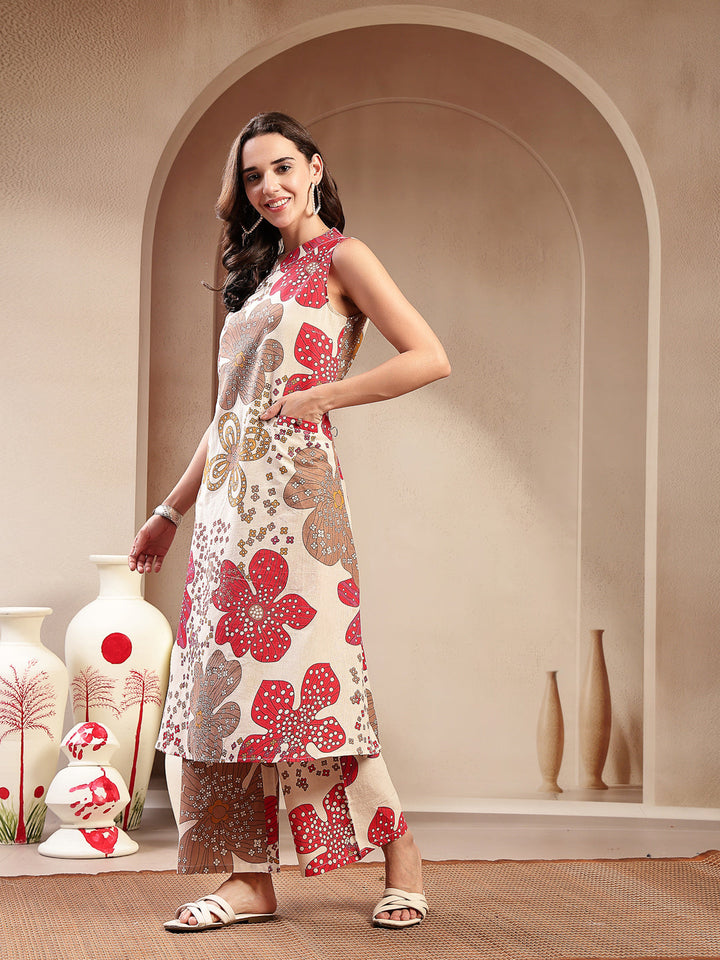 White Floral Printed Cotton Flax Straight Kurta Palazzo Set