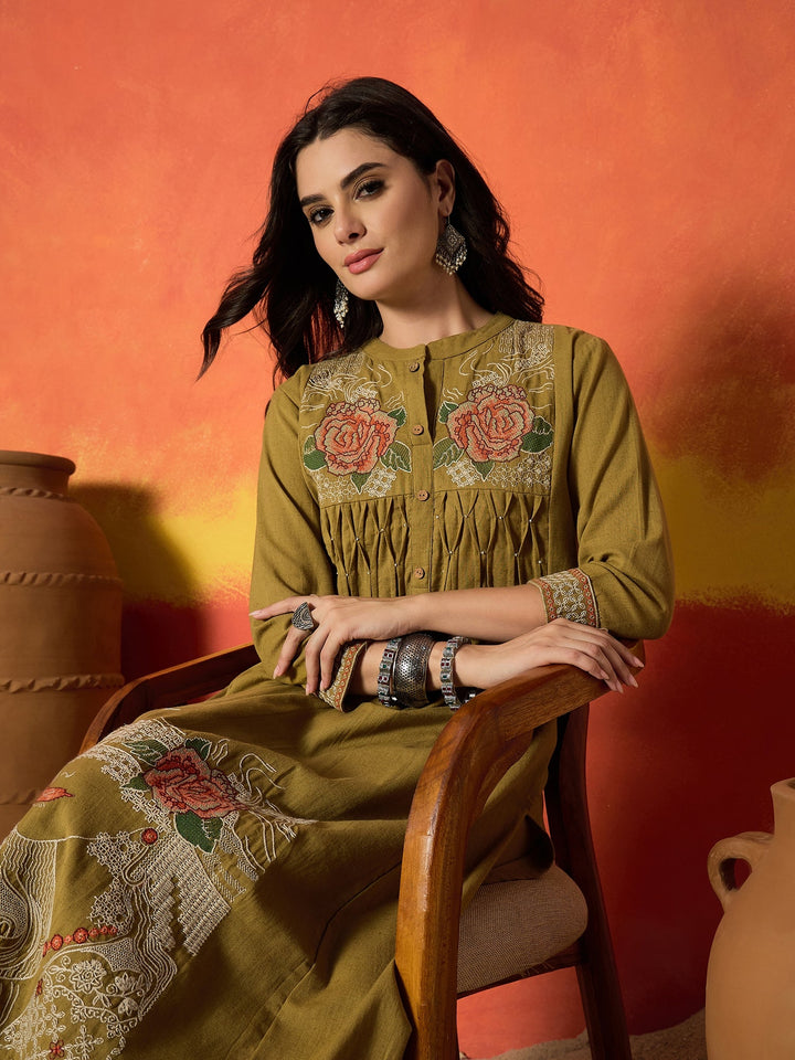 Mustard Solid & Embroidered Cotton Flex A-Line Kurta Palazzo Set