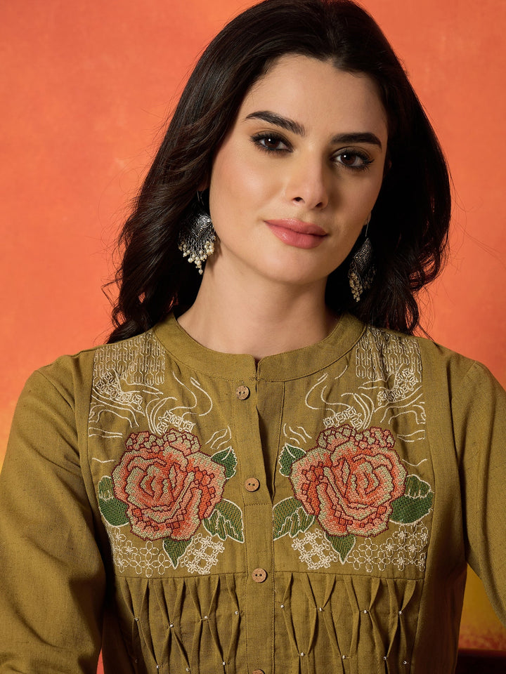 Mustard Solid & Embroidered Cotton Flex A-Line Kurta Palazzo Set