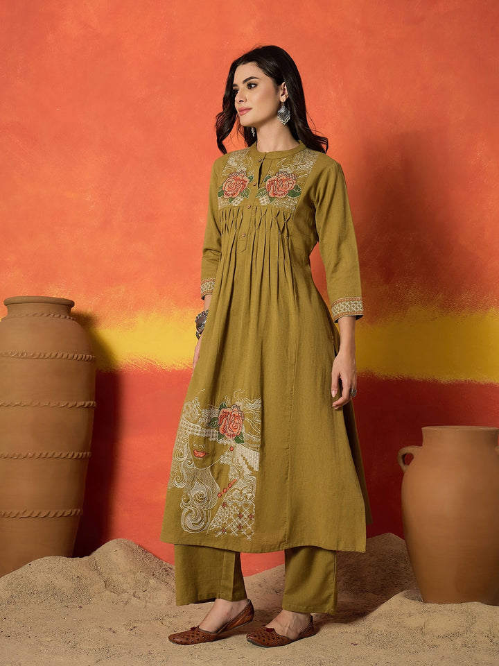 Mustard Solid & Embroidered Cotton Flex A-Line Kurta Palazzo Set