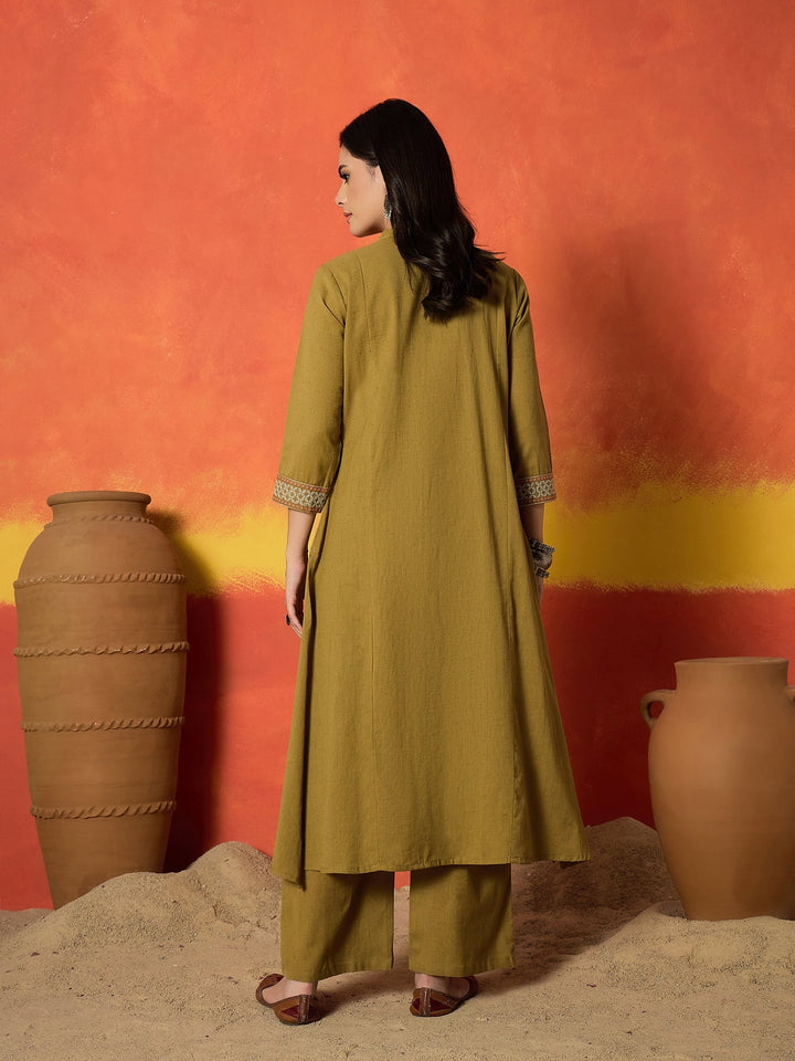 Mustard Solid & Embroidered Cotton Flex A-Line Kurta Palazzo Set