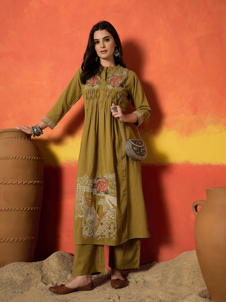 Mustard Solid & Embroidered Cotton Flex A-Line Kurta Palazzo Set