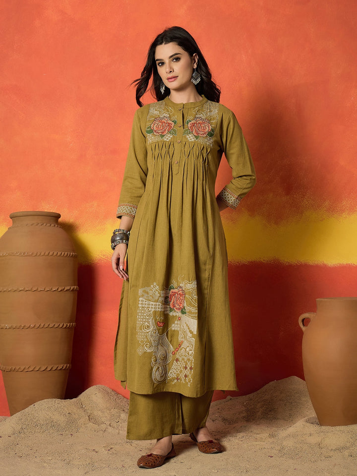 Mustard Solid & Embroidered Cotton Flex A-Line Kurta Palazzo Set