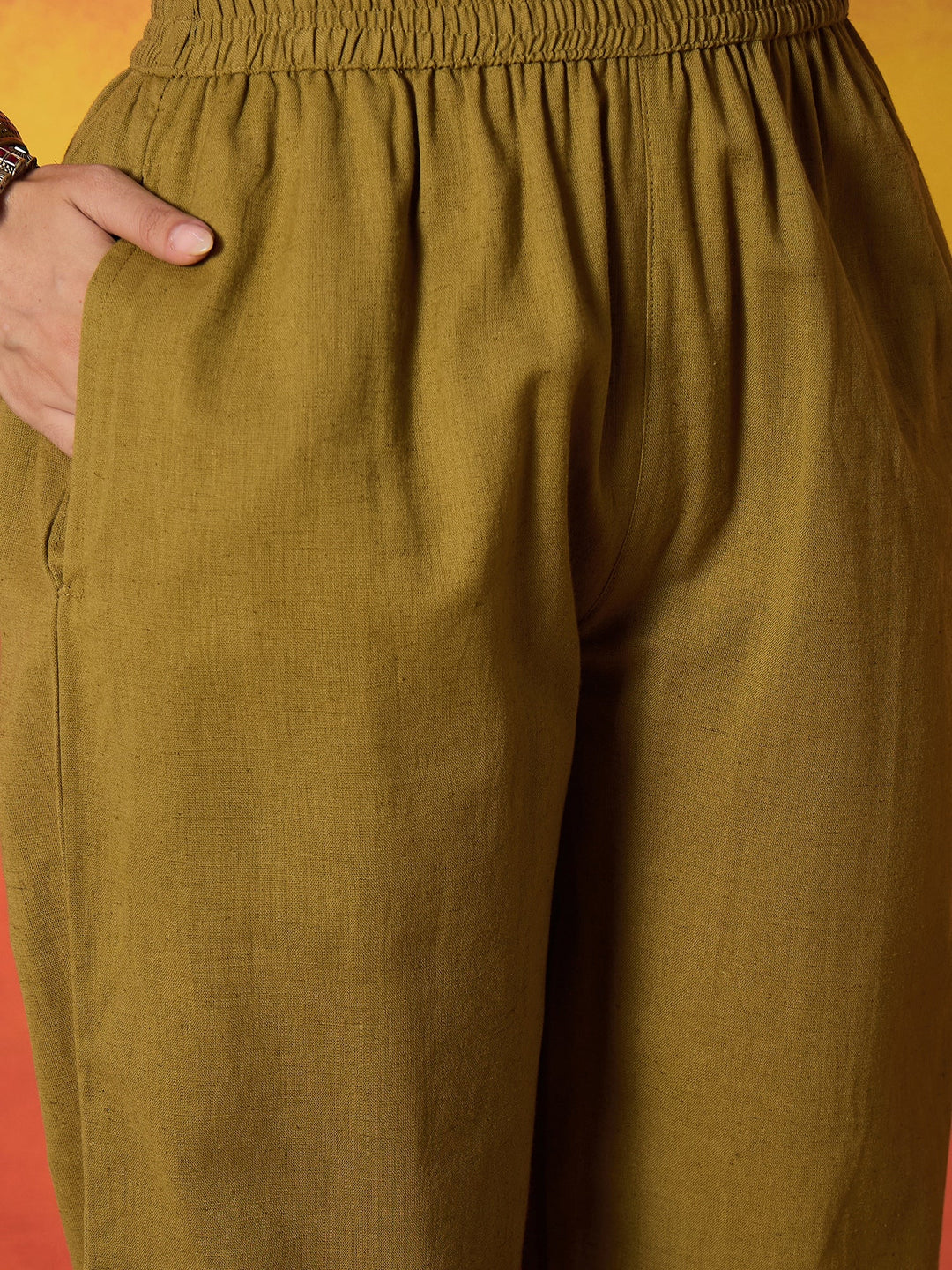 Mustard Solid & Embroidered Cotton Flex A-Line Kurta Palazzo Set
