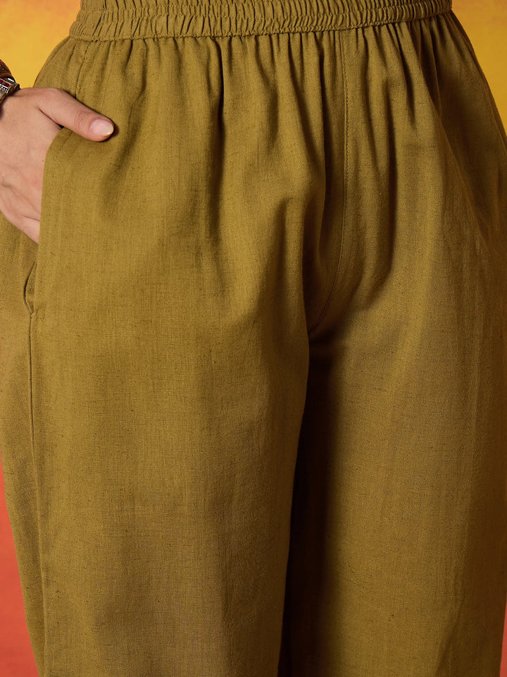 Mustard Solid & Embroidered Cotton Flex A-Line Kurta Palazzo Set