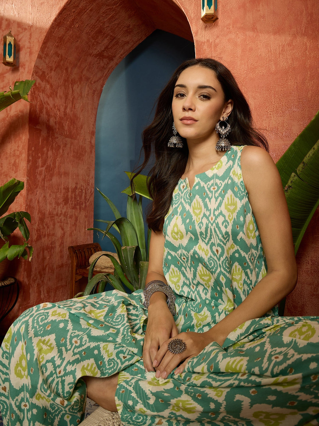 Aqua Ikat Printed Pure Cotton Straight Kurti With Farshi Salwar Set