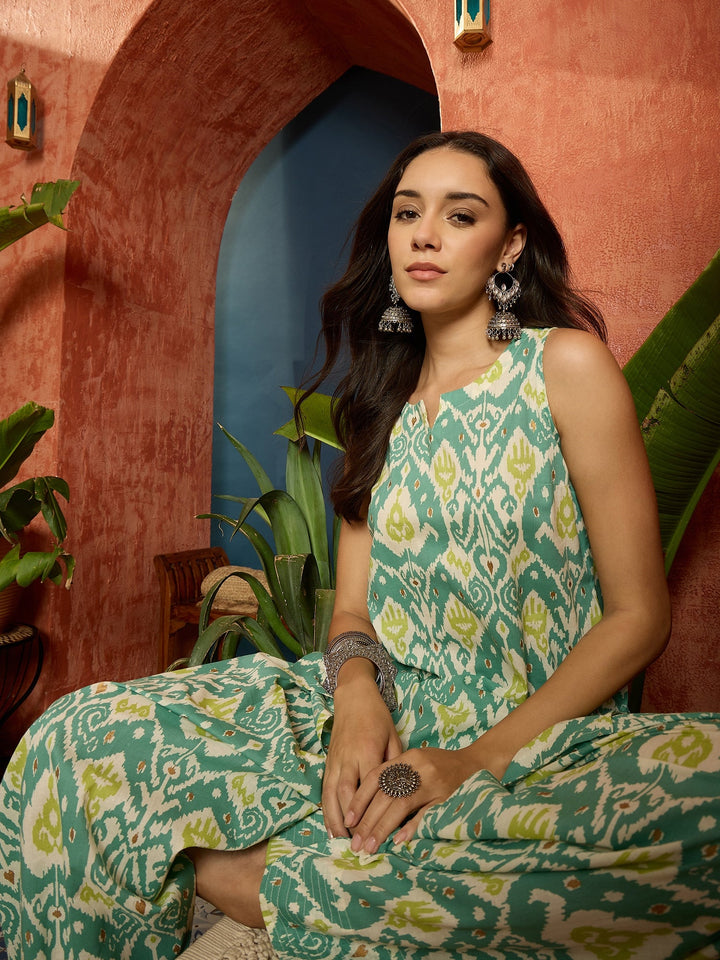 Aqua Ikat Printed Pure Cotton Straight Kurti With Farshi Salwar Set