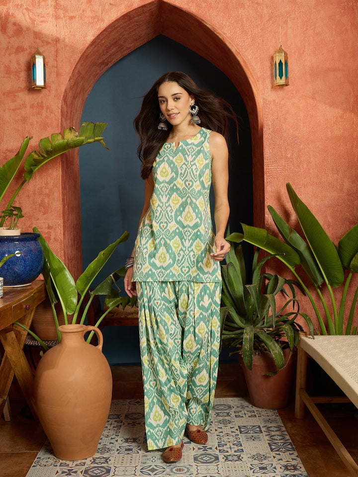Aqua Ikat Printed Pure Cotton Straight Kurti With Farshi Salwar Set