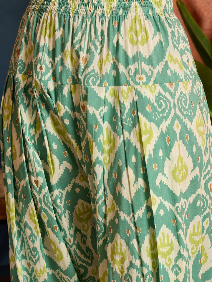 Aqua Ikat Printed Pure Cotton Straight Kurti With Farshi Salwar Set