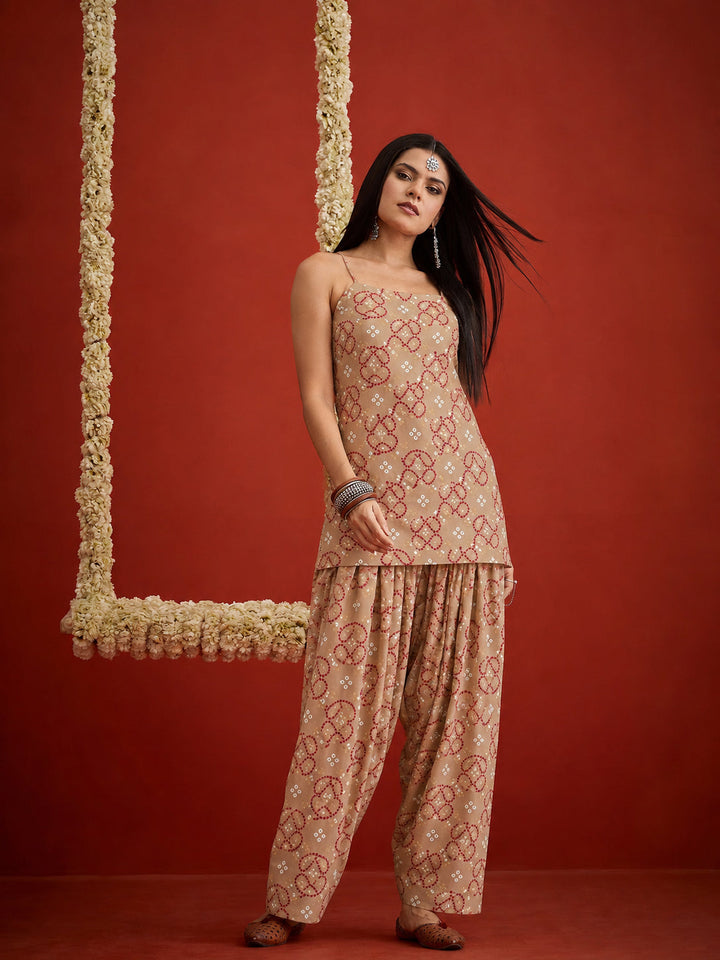 Beige Bandhej Printed Reyon Straight Short Kurti With Farshi Salwar