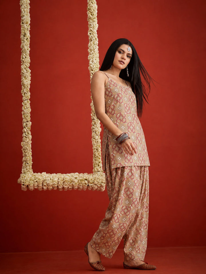 Beige Bandhej Printed Reyon Straight Short Kurti With Farshi Salwar
