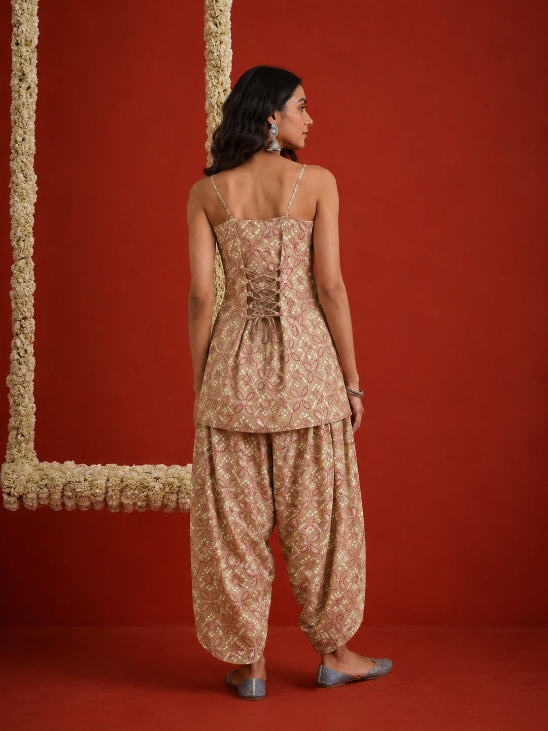 Beige Bandhej Printed Reyon Straight Short Kurti With Farshi Salwar