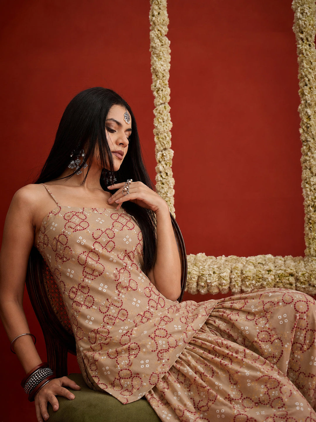 Beige Bandhej Printed Reyon Straight Short Kurti With Farshi Salwar