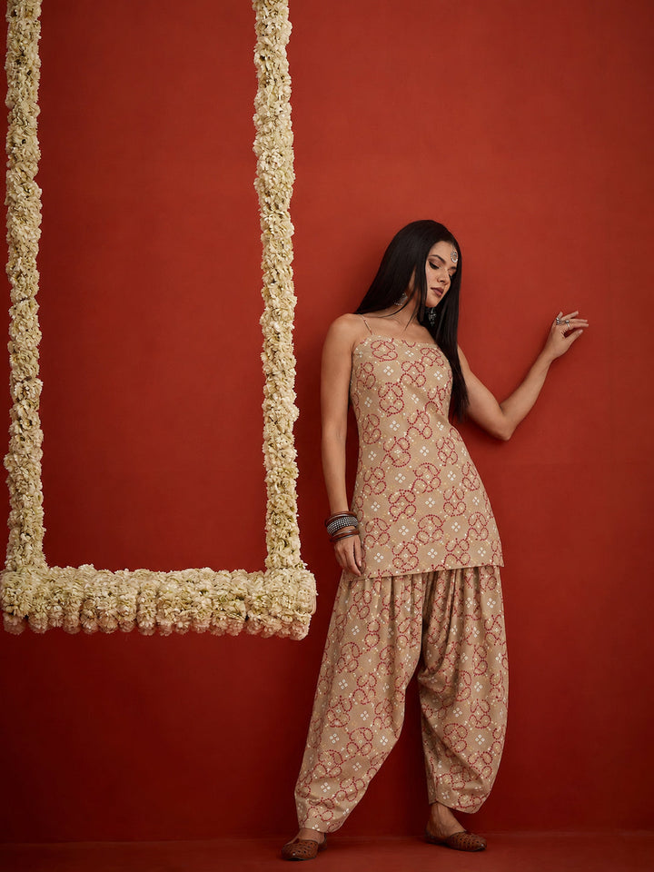 Beige Bandhej Printed Reyon Straight Short Kurti With Farshi Salwar