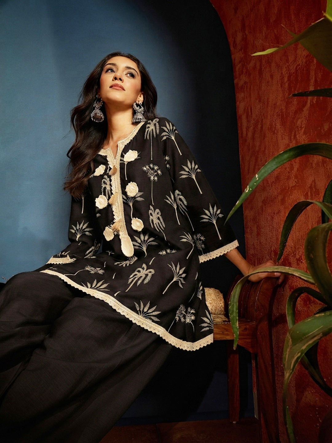 Black Palm Tree Printed Pure Cotton A-Line Short Kurti With Farshi Salwar Set