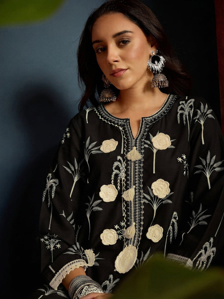 Black Palm Tree Printed Pure Cotton A-Line Short Kurti With Farshi Salwar Set