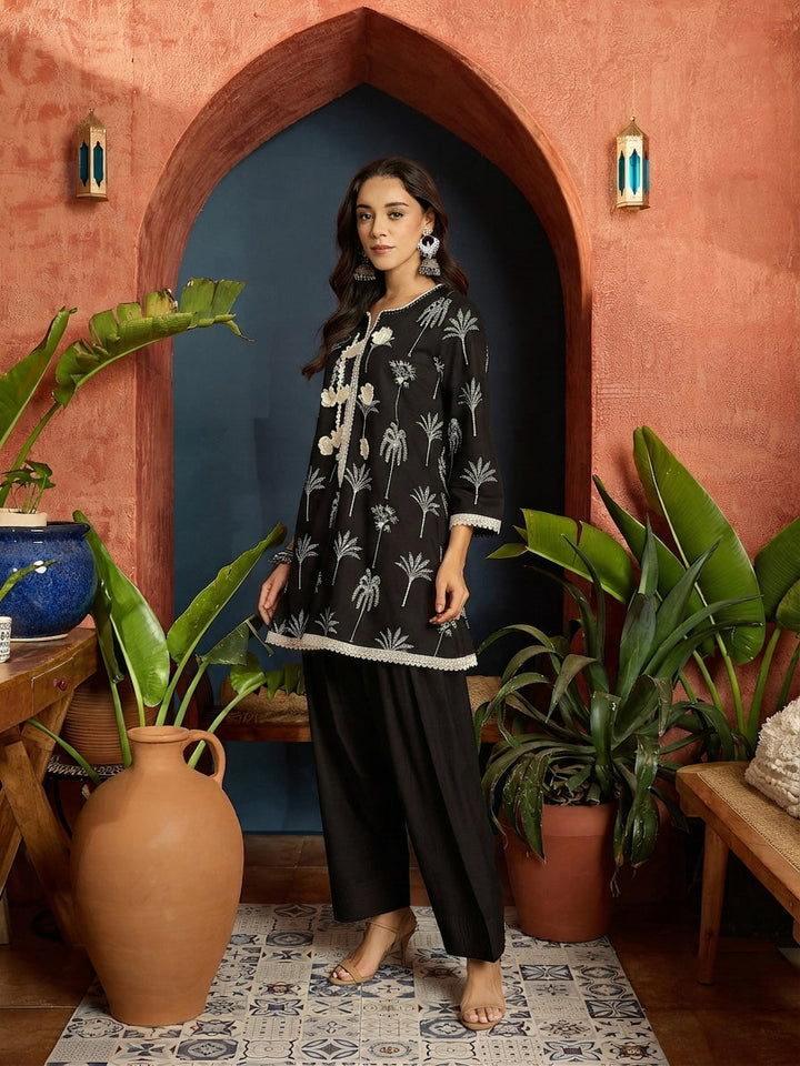 Black Palm Tree Printed Pure Cotton A-Line Short Kurti With Farshi Salwar Set