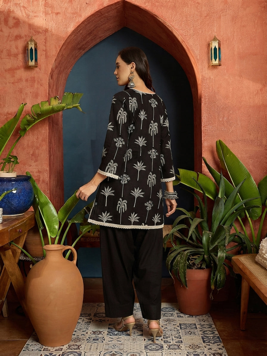 Black Palm Tree Printed Pure Cotton A-Line Short Kurti With Farshi Salwar Set