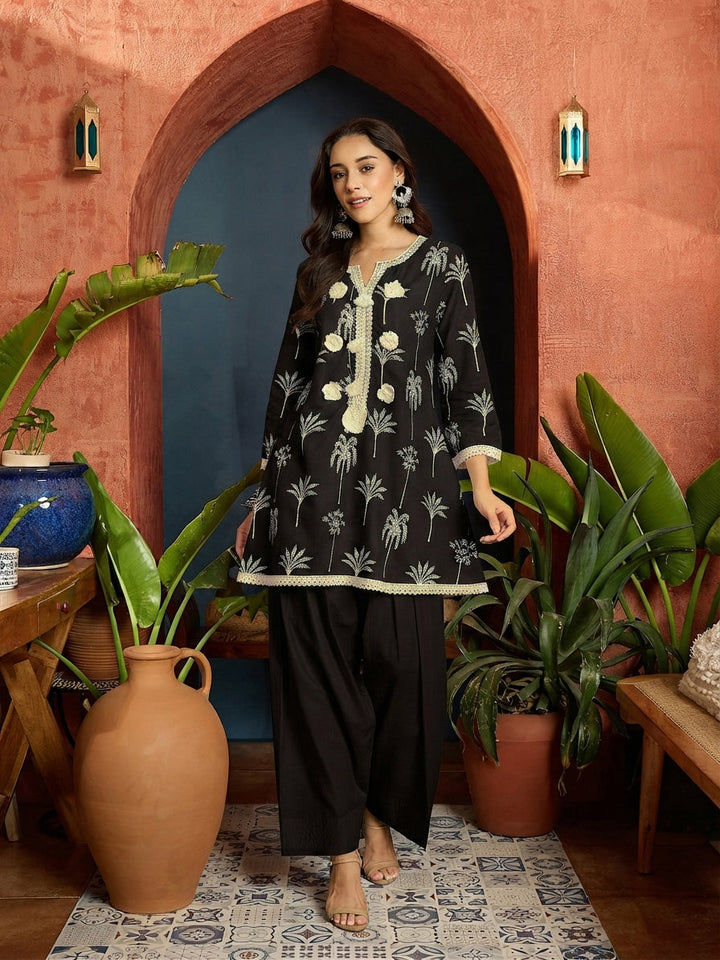 Black Palm Tree Printed Pure Cotton A-Line Short Kurti With Farshi Salwar Set