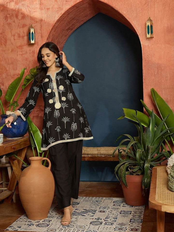 Black Palm Tree Printed Pure Cotton A-Line Short Kurti With Farshi Salwar Set