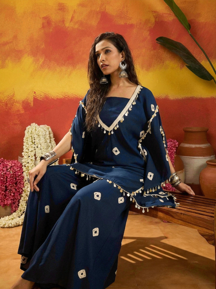 Blue Bandhej Printed Rayon Kaftan Tube Top Sharara Set