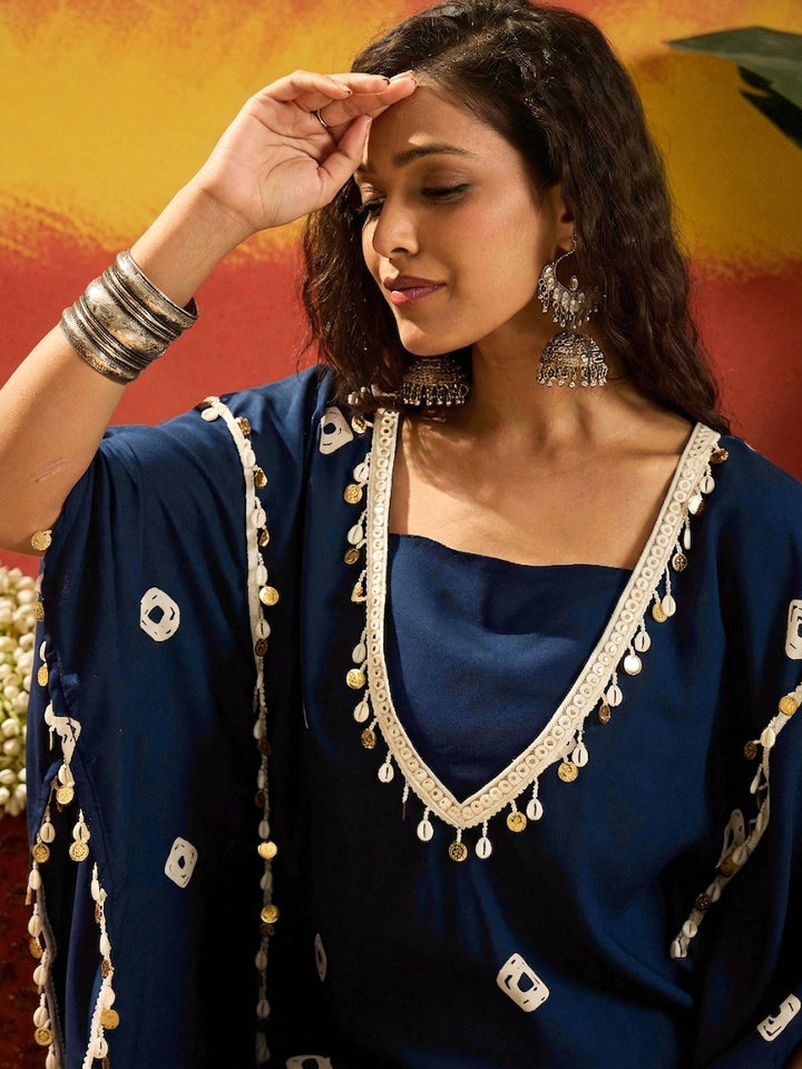 Blue Bandhej Printed Rayon Kaftan Tube Top Sharara Set