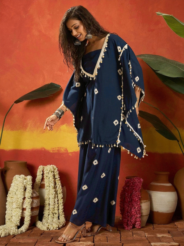 Blue Bandhej Printed Rayon Kaftan Tube Top Sharara Set