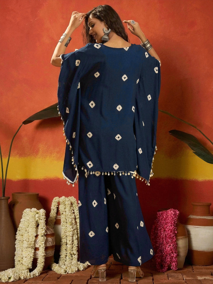 Blue Bandhej Printed Rayon Kaftan Tube Top Sharara Set