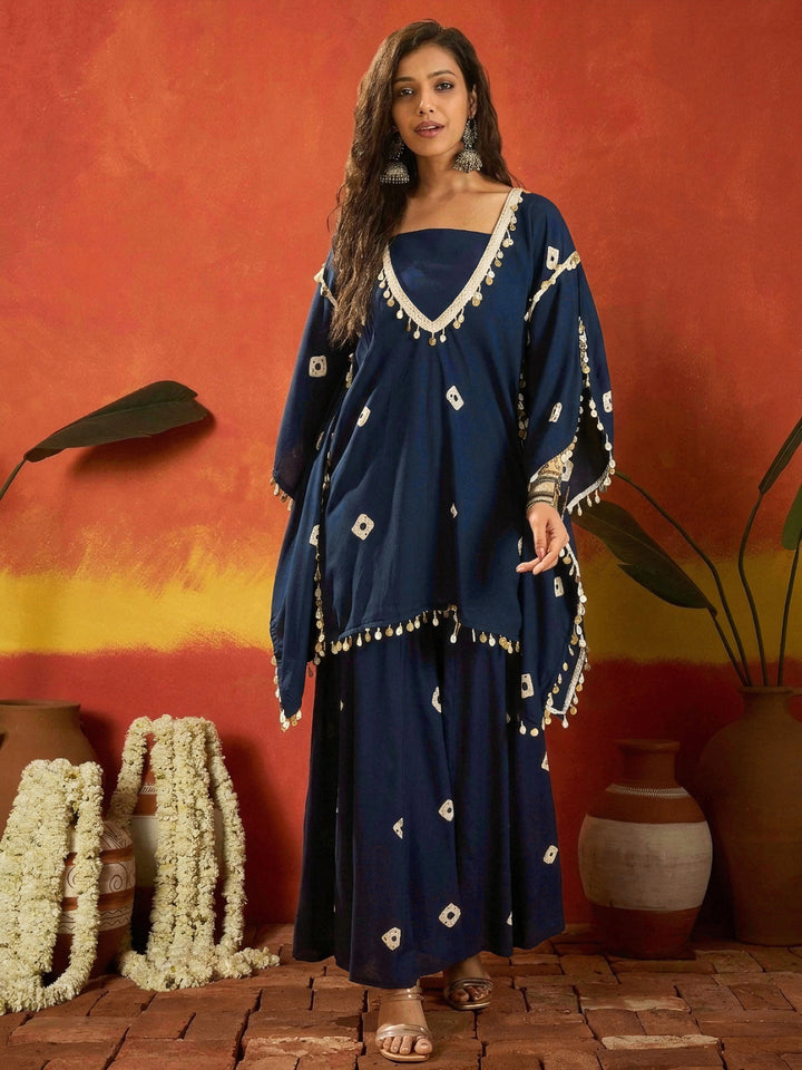 Blue Bandhej Printed Rayon Kaftan Tube Top Sharara Set