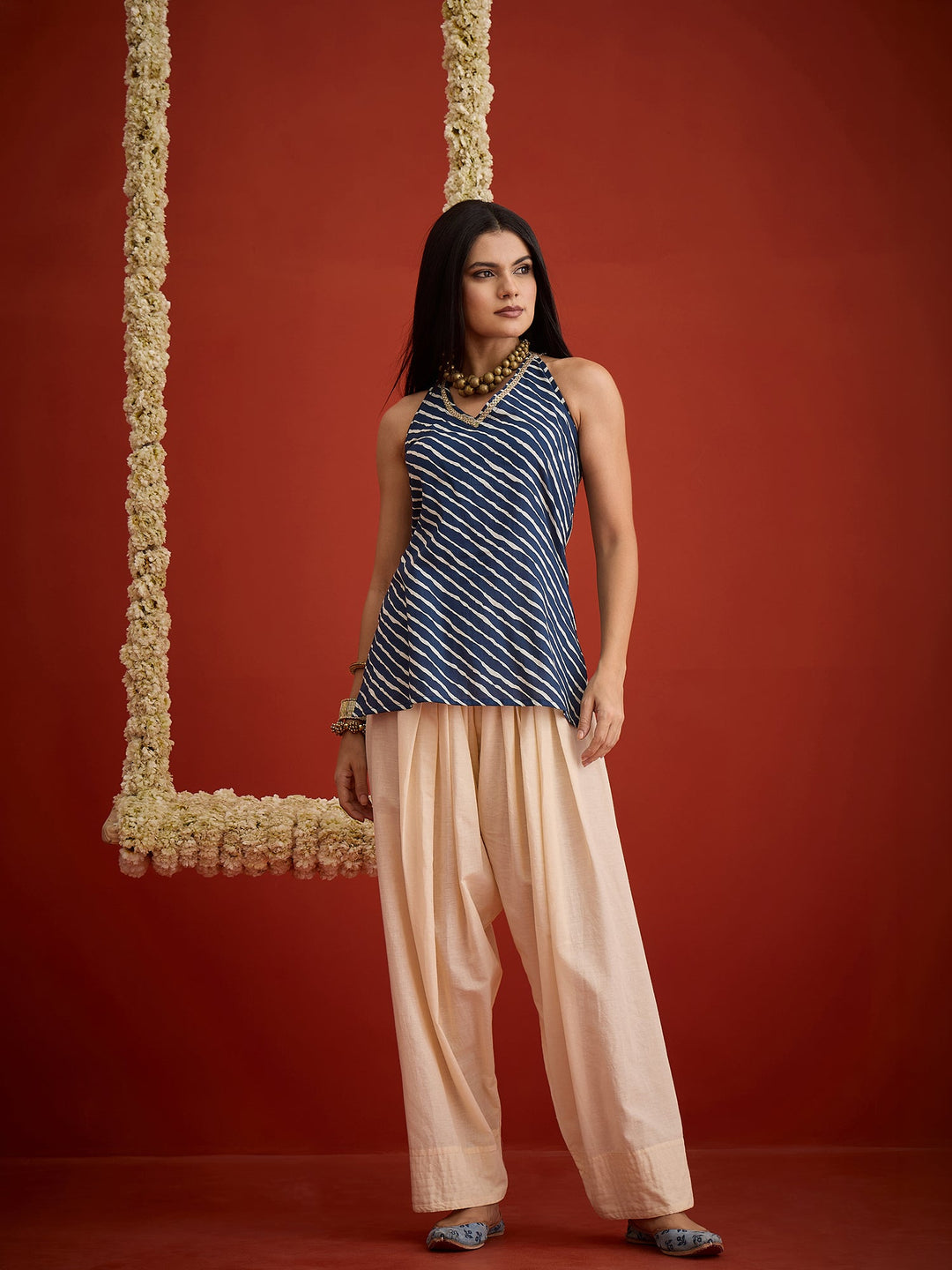 Blue Leheriya Printed Cotton Straight Short Kurti With Farshi Salwar