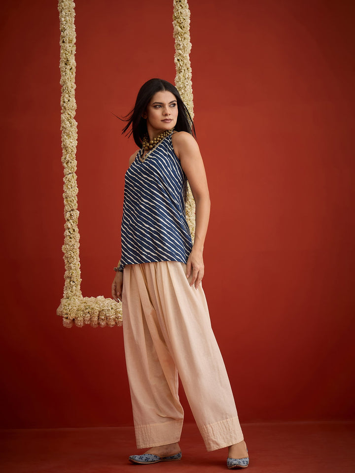 Blue Leheriya Printed Cotton Straight Short Kurti With Farshi Salwar