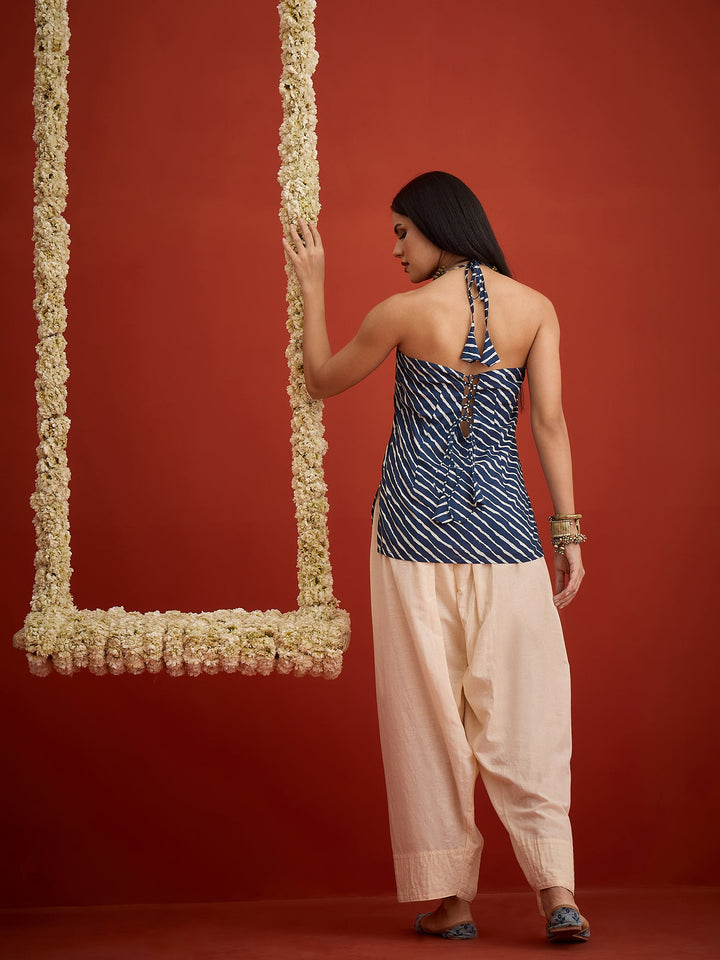 Blue Leheriya Printed Cotton Straight Short Kurti With Farshi Salwar