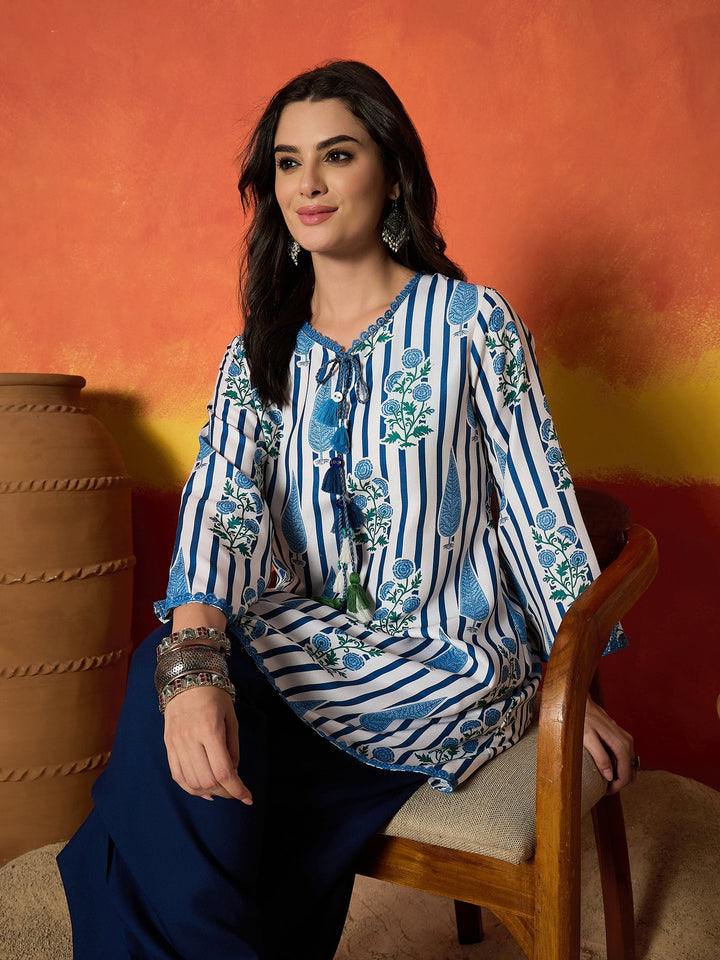 Blue Striped & Floral Printed Rayon A-Line Kurti With Farshi Salwar