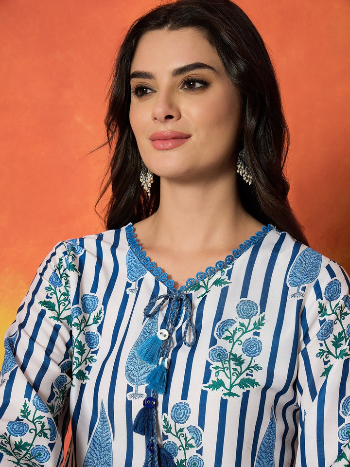 Blue Striped & Floral Printed Rayon A-Line Kurti With Farshi Salwar